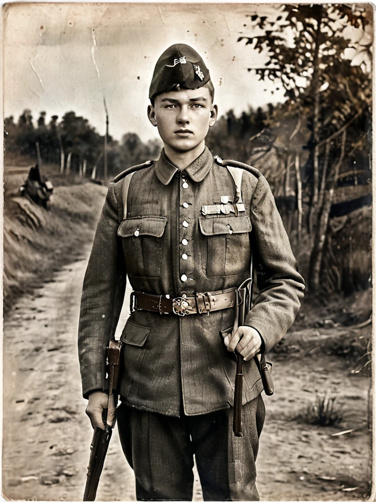 (best quality:1.3), (best illustrations:1.2), (art film light:1.2)  (1 person), (realistic), (extra sharp), (8k), (1 person), Year 1939, Young man aged 17-18 years, Wearing the uniform of an NKVD officer, Eastern European Slavs, Soviet Union, Portrait style, Road to valor world war2