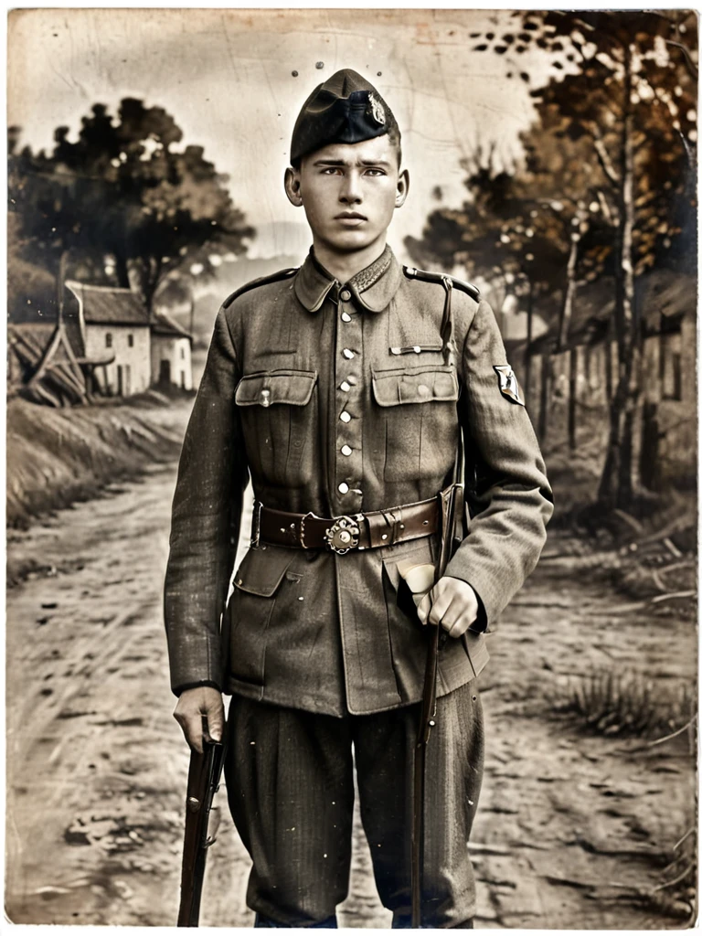 (best quality:1.3), (best illustrations:1.2), (art film light:1.2) (1 person), (realistic), (extra sharp), (8k), (1 person), Year 1939, Young man aged 17-18 years, Wearing the uniform of an NKVD officer, Eastern European Slavs, Soviet Union, Portrait style, Road to valor world war2