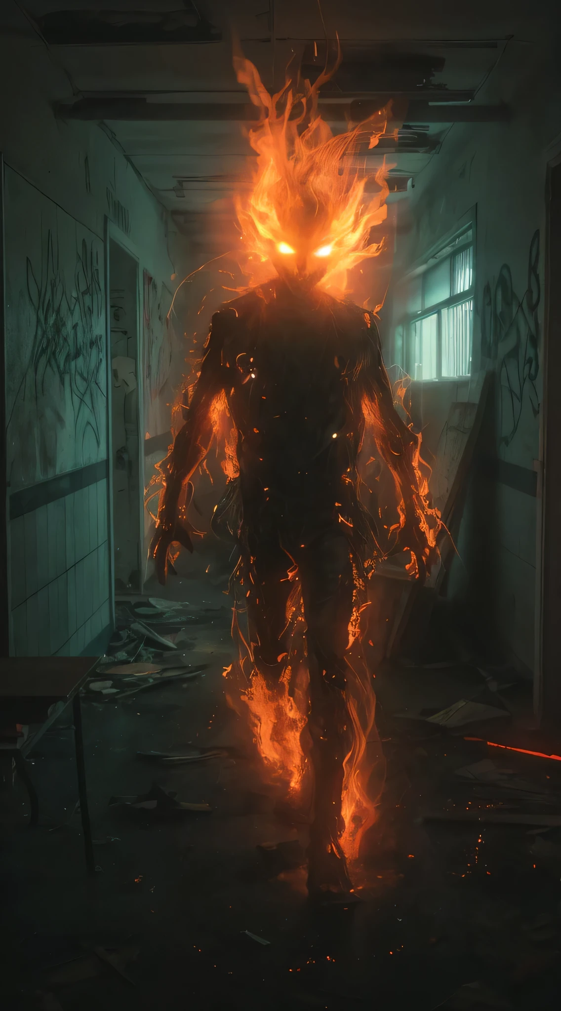 In the dark, dusty corridors of an abandoned school, a fiery creature known as the Embergeist roams. This spectral being is wreathed in flickering flames, with glowing eyes that burn like hot coals and a body that shifts between solid and smoke. The Embergeist emits a warm, orange light that dances across the graffiti-covered walls and broken desks, casting eerie shadows. The school, filled with decaying textbooks, overturned chairs, and shattered windows, is eerily silent except for the crackling of the Embergeist's flames, creating a scene of haunting desolation and supernatural menace., cinematic, dark fantasy, photo