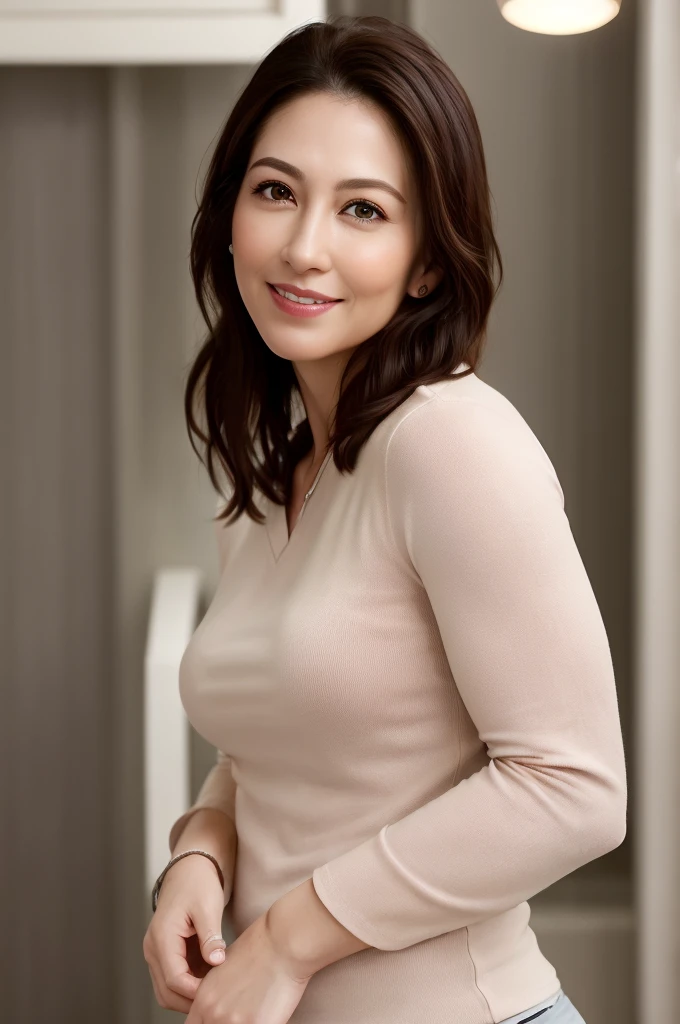 dressed, (photorealistic: 1.4), (hyperrealistic: 1.4), (realistic: 1.3), (smooth lighting: 1.05), (improved cinematic lighting: 0.9), 32K, 1 girl, 40 year old girl, realistic lighting, backlit, face lights, ray tracing, (whitening light: 1.2), (image quality improvement: 1.4), ( Best image quality real skin: 1.4), fine eyes, fine face, fine eyes, (joy, blush), (tired and sleepy and satisfied), face up, t-shirt, (increase in mood of body line: 1.1), clean suit (increase in beauty of skin texture: 1.1),