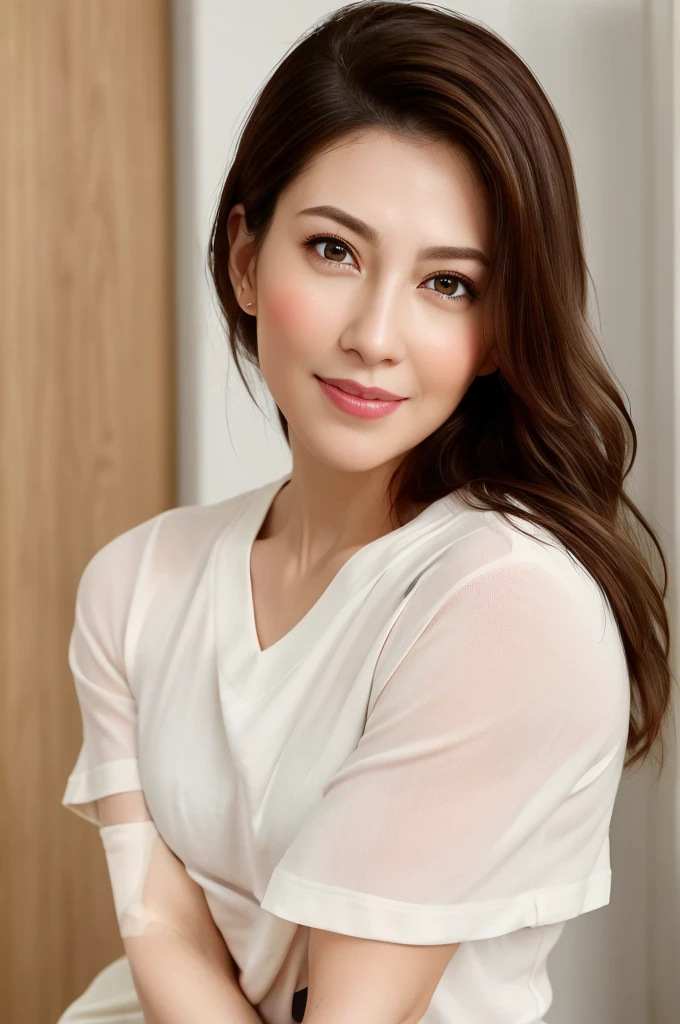 dressed, (photorealistic: 1.4), (hyperrealistic: 1.4), (realistic: 1.3), (smooth lighting: 1.05), (improved cinematic lighting: 0.9), 32K, 1 girl, 40 year old girl, realistic lighting, backlit, face lights, ray tracing, (whitening light: 1.2), (image quality improvement: 1.4), ( Best image quality real skin: 1.4), fine eyes, fine face, fine eyes, (joy, blush), (tired and sleepy and satisfied), face up, t-shirt, (increase in mood of body line: 1.1), clean suit (increase in beauty of skin texture: 1.1),
