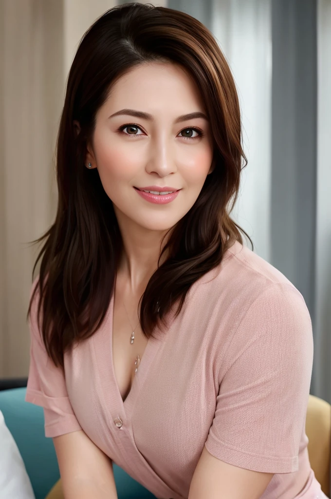 dressed, (photorealistic: 1.4), (hyperrealistic: 1.4), (realistic: 1.3), (smooth lighting: 1.05), (improved cinematic lighting: 0.9), 32K, 1 girl, 40 year old girl, realistic lighting, backlit, face lights, ray tracing, (whitening light: 1.2), (image quality improvement: 1.4), ( Best image quality real skin: 1.4), fine eyes, fine face, fine eyes, (joy, blush), (tired and sleepy and satisfied), face up, t-shirt, (increase in mood of body line: 1.1), clean suit (increase in beauty of skin texture: 1.1),