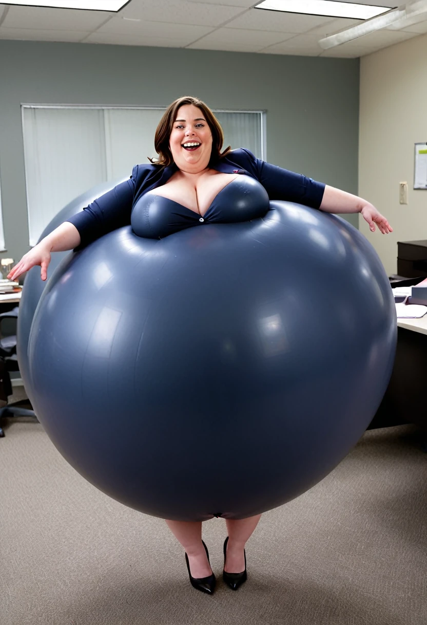 Thick bottom heavy, curvy, wide hipped 30 year old british woman, she is wearing a business suit, she is laying on her belly, she gets bloated and inflated like a gigantic fat air baloon, she is laughing as she bounces in her office like a giant bouncy ball