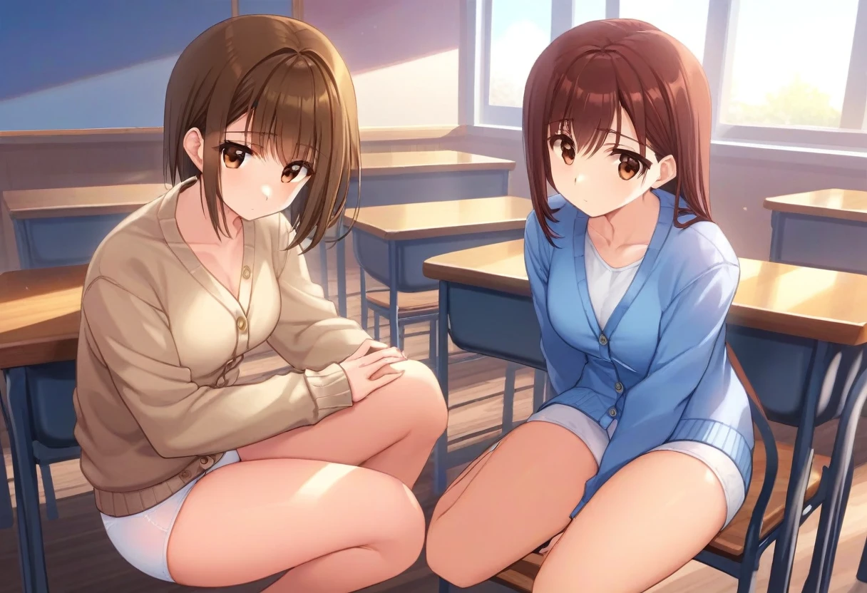 highest quality,((2 girls:1.5)), (cardigan)、eight-headed body, Put your knees on your chest:1.5, ((high school student)), ((classroom:1.5)), (White panties:1.5), Brown hair