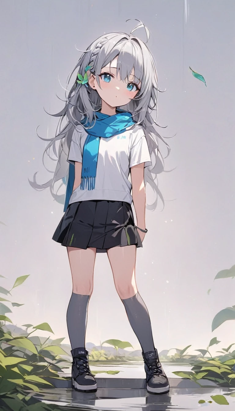 Resolution full, standing style, very accurate, best quality, masterpiece, full HD, very sharpener, best art, very accurate, 1girl, firefly, very cute girl, young girl, cute girl, beautiful and cute girl, slim body, medium breast, long hair, grey hair, Braid hair, Messy hair, ahoge hair, bangs hair, straight hair, gradient grey and blue hair, green leaf hair ornament, grey hair clip, beautiful bright aqua eyes, white T-shirt, dirty t-shirt, blue scarf, black short skirt, grey full stockings, white background, standing model