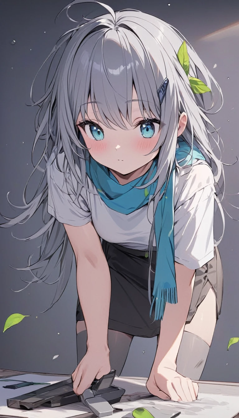 Resolution full, standing style, very accurate, best quality, masterpiece, full HD, very sharpener, best art, very accurate, 1girl, firefly, very cute girl, young girl, cute girl, beautiful and cute girl, slim body, medium breast, long hair, grey hair, Braid hair, Messy hair, ahoge hair, bangs hair, straight hair, gradient grey and blue hair, green leaf hair ornament, grey hair clip, beautiful bright aqua eyes, white T-shirt, dirty t-shirt, blue scarf, black short skirt, grey full stockings, white background, standing model