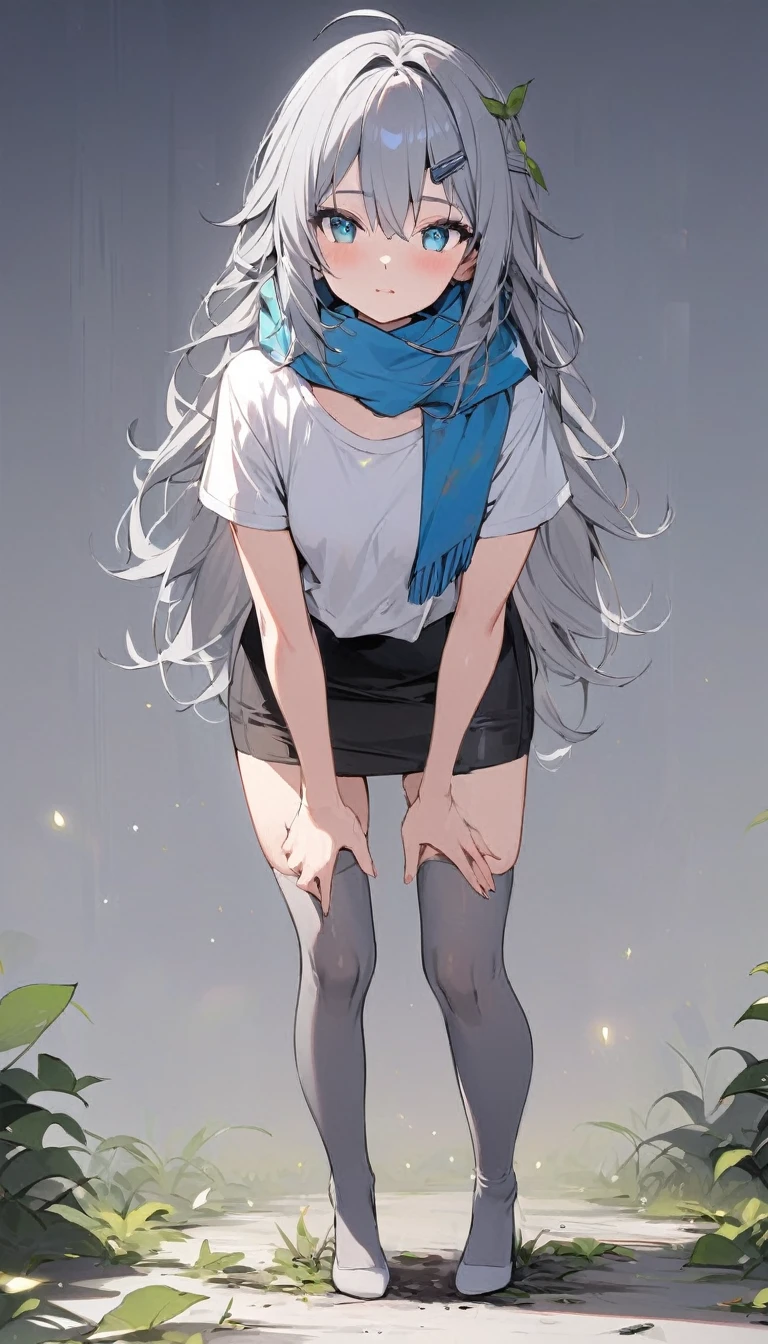 Resolution full, standing style, very accurate, best quality, masterpiece, full HD, very sharpener, best art, very accurate, 1girl, firefly, very cute girl, young girl, cute girl, beautiful and cute girl, slim body, medium breast, long hair, grey hair, Braid hair, Messy hair, ahoge hair, bangs hair, straight hair, gradient grey and blue hair, green leaf hair ornament, grey hair clip, beautiful bright aqua eyes, white T-shirt, dirty t-shirt, blue scarf, black short skirt, grey full stockings, white background, standing model