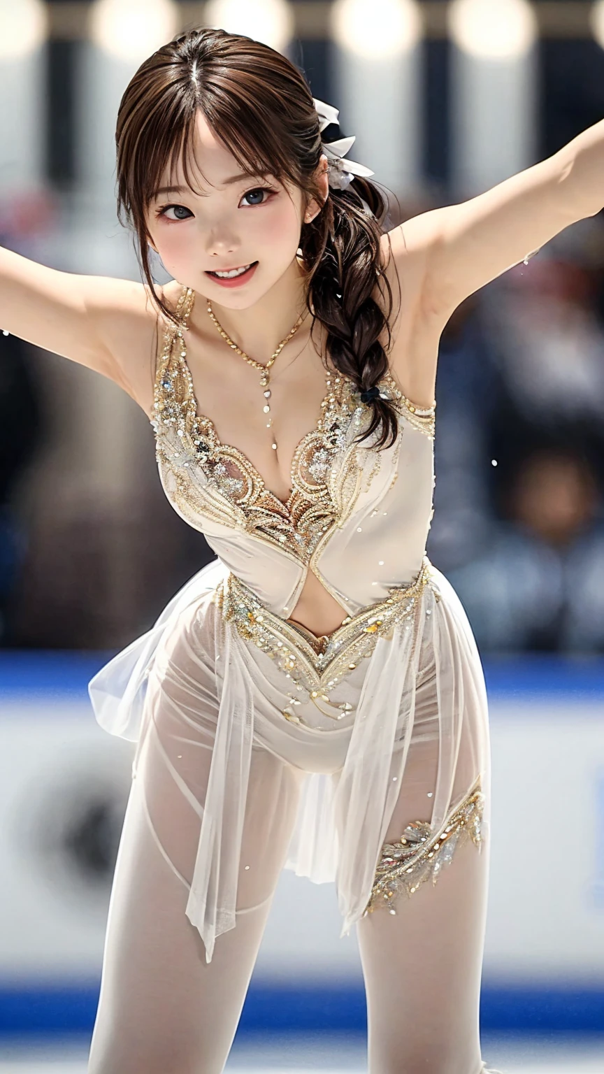 Ice dancing、Highest quality、Highest quality、Super detailed、Particles of light:0.5、、Ice skating rink、Beautiful Eyes、Natural Texture、、French Braid、Body wet with semen、Wet vagina、Exposed female genitalia、、Vagina in full view、、Male genitalia enter female genitalia、Small and beautiful female genitalia、、Ice dancingのセクシーなドレス、A little cleavage、Leaning forward and spreading legs