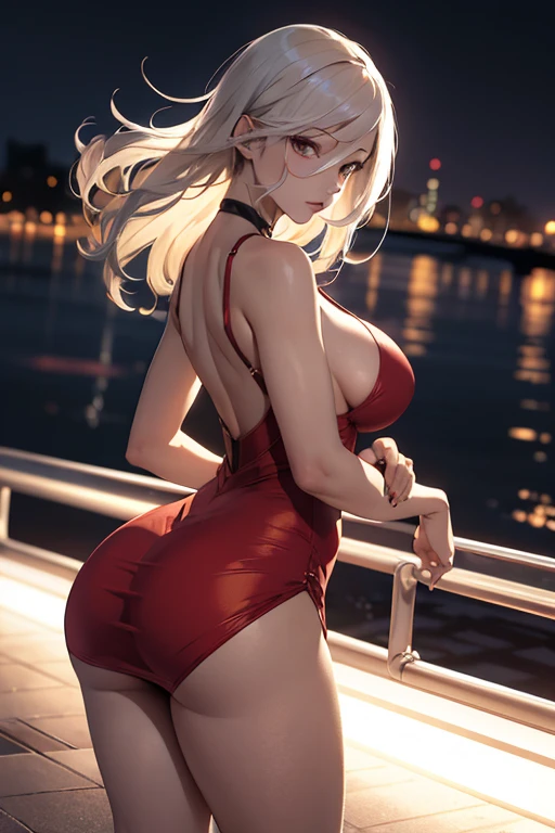 masterpiece, best quality, shadows, dynamic angle, front view, perfect hands, perfect legs, perfect anatomy, pretty face, mature features, 1 girl, 21 years old, mature woman, sexy red dress, city night background, white long hair, thighs, ass, breast, seductive, spicy, posing, cinematography lights,