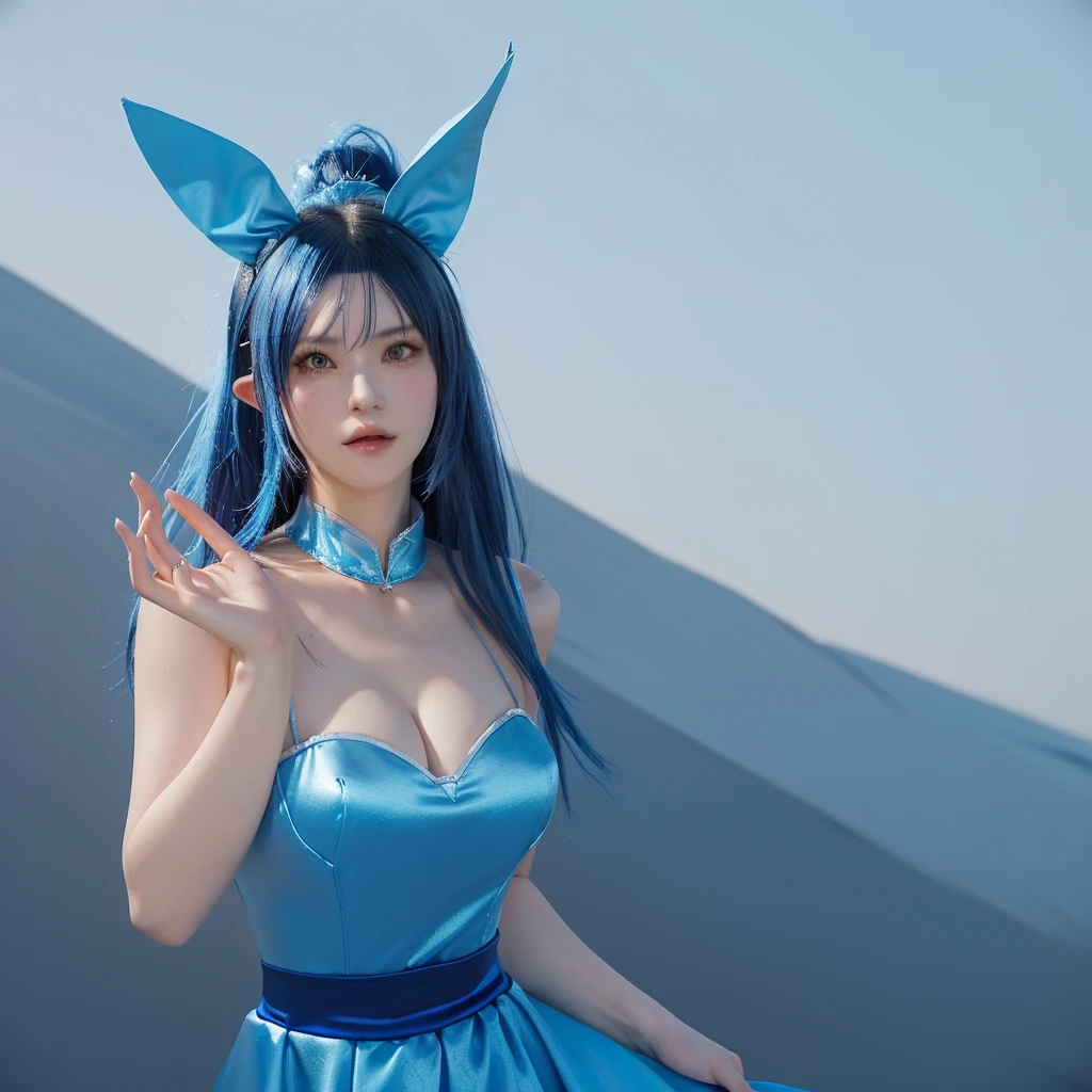 there is a woman in a blue dress and bunny ears, as a character in tekken, dead or alive 6, bunny girl, tekken 7, glamorous jill valentine, katana zero video game character, v from devil may cry as an elf, fighting game character, ultrarealistic sweet bunny girl, bulma from dragon ball, new character, inspired by Leng Mei