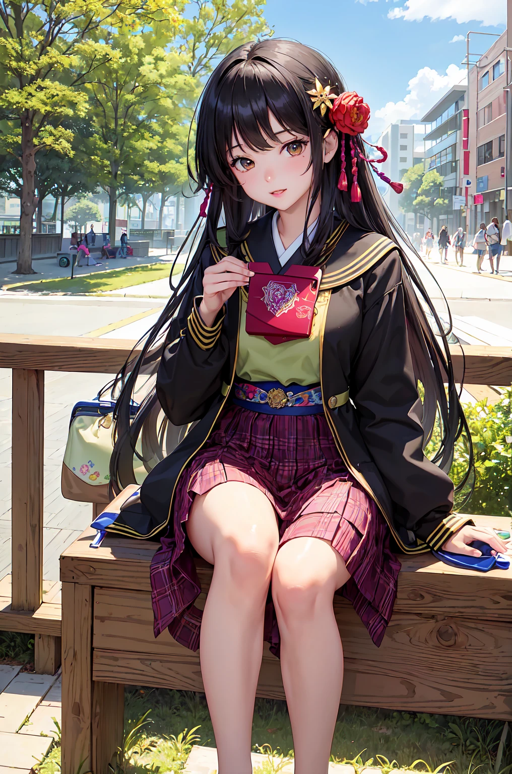(masterpiece, Highest quality, Highest quality, Official Art, beautifully, (One girl), Very detailed,(Fractal Art),colorful,Most detailed,女子High school student 1.3、Lunch in the park、Lunch box 1.4、Japanese、beautiful girl、Black Hair、School 1.8、High school student 1.8、High 1.5