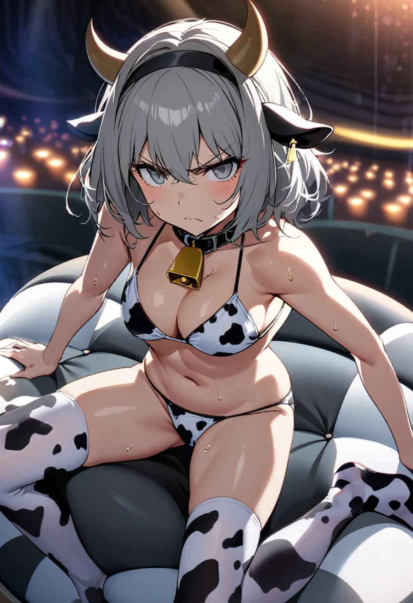 Woman, mommy type, sexy body, short gray hair, gray eyes, serious, unnerving, slight sweat, cowgirl, cow-colored bikini, cow-colored stockings on legs, hair band with cow ears and horns, cow bell on the neck, sitting on a round sofa, night club background, dusk lightning 