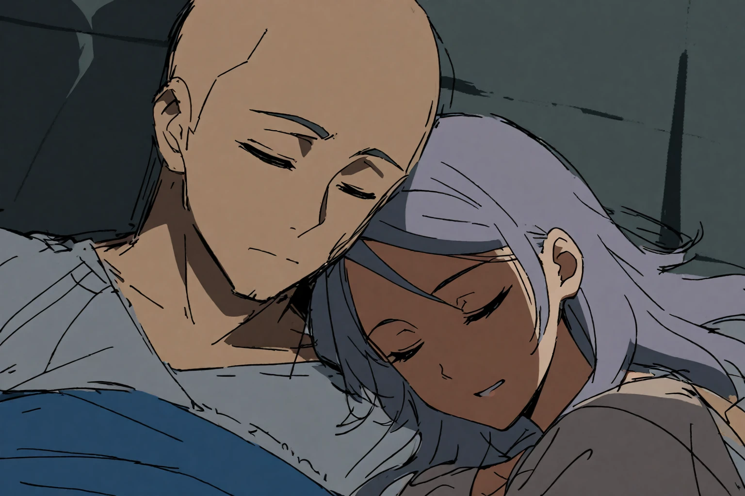 anime drawing, sketch, a man and a woman asleep on each other's shoulders, anime style, a bald man, a woman with long white hair and dark skin