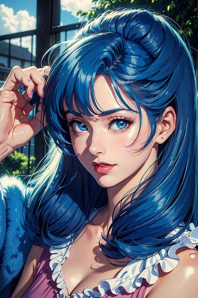 1(((Masterpiece,Best Quality,of the highest quality,details)))model ((( zooey deschanel 20 years old))), (((blue smooth fur ))), (((very pale skin))),((((White dress))),[[[[close up]]]], [[[[chest]]]], [[[[neck]]]], [[[[back]]]], (((perfect light blue eyes))), perfect iris, perfect lips, perfect teeth, perfect skin, Soft front light, glow, HDR, (muted colors:1.2)