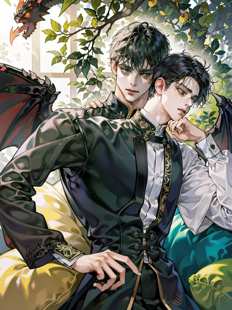 1boy, male, human, dark skin, long black hair, green eyes, black dragon scales, black dragon horns, black dragon wings, narrowed eyes, cat pupils, close up, high quality, masterpiece,