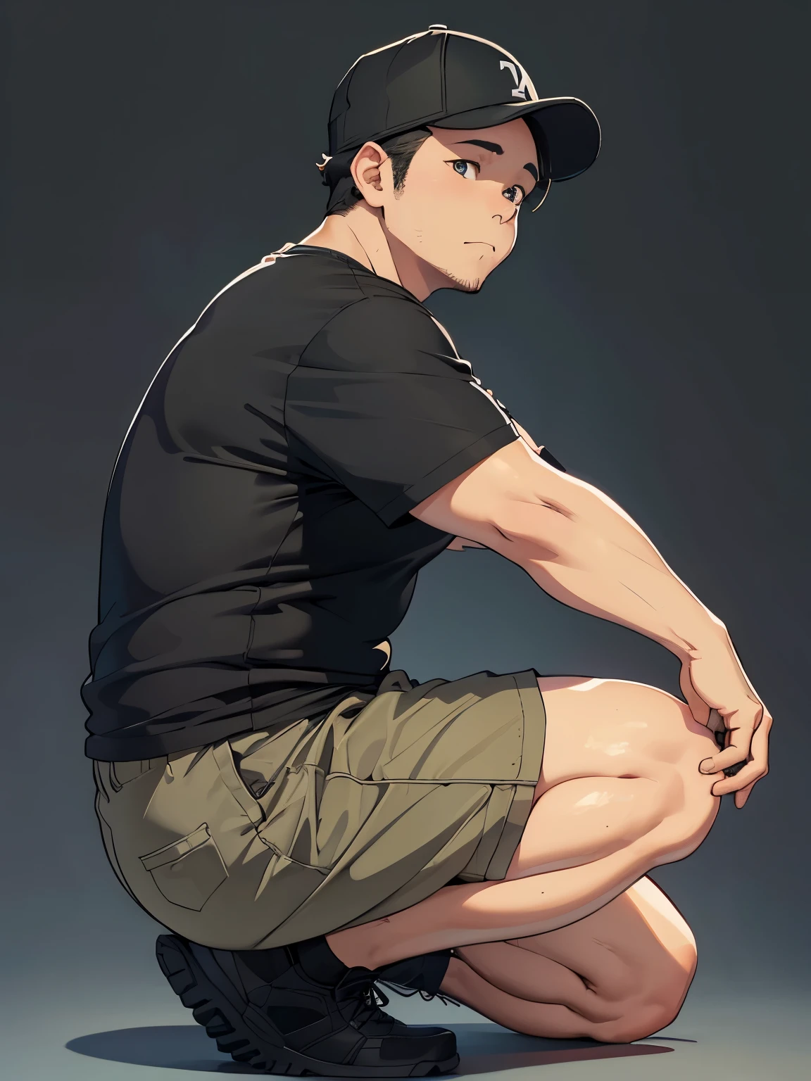 A chubby 35-year-old man kneeling、((Front angle))、Black Background、Black cap、Black T-shirt、Khaki half pants、whole body、