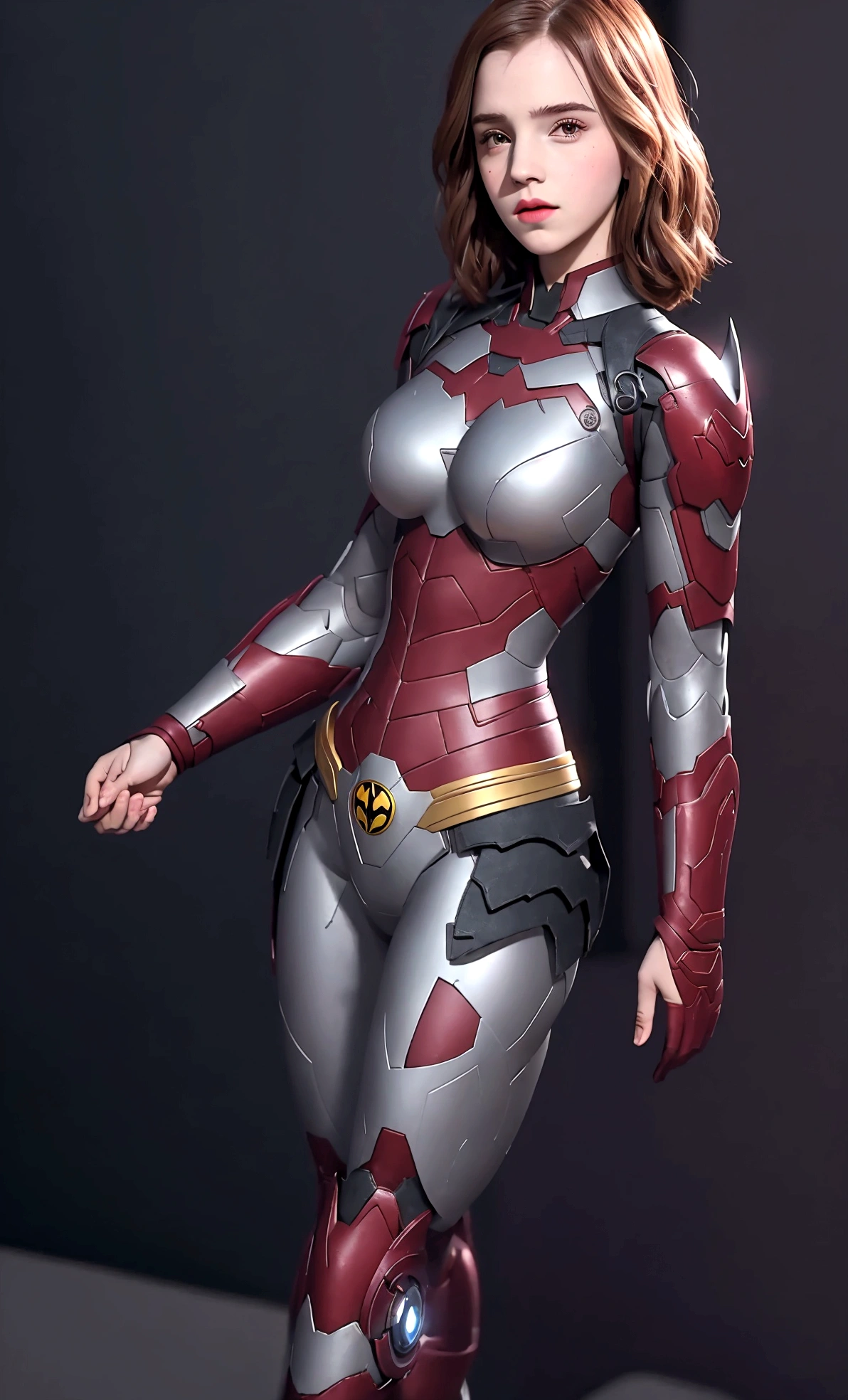 1girl, Merge Emma Watson mix Scarlett Johansson, (big breasts sticking out:2, small waist, medium hips), gray color slim fit ironman dressed, red color slim fit batman armor, black color wonder-woman dressed armor