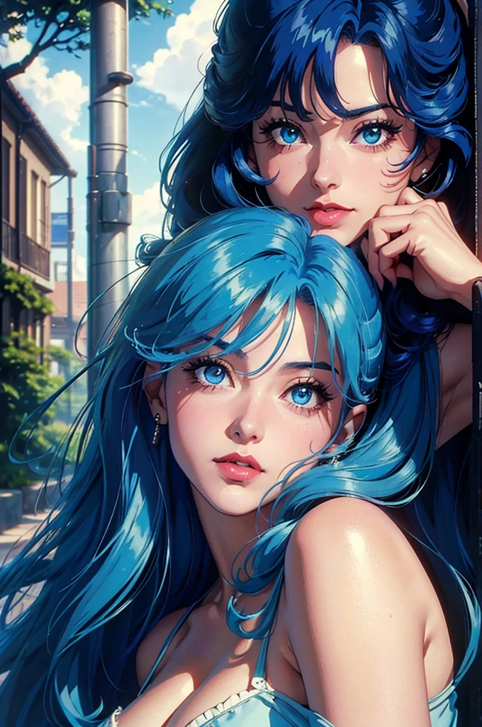 (((Masterpiece ,Best Quality, Highest quality realistic retro anime....))),(((como lynn minmay ))), blue dress, top wo nerae!, 1 girl, alone, ((hyper realistic long blue fur)), looking at the viewer, SMILE, Hits,highly detailed light blue eyes shirt, Closed mouth, blue fur, exterior, sky, day, cloud, tree, blue sky, lips, separate blows, eyelashes, make up, light SMILE, lipstick, portrait, close up, ((retro Best Quality, hyper realistic highest quality artEstiloo)), 1980s ,fine blue hair with very real details))exterior, sky, day, cloud, tree, blue sky, lips, separate blows, eyelashes, make up, light SMILE, lipstick, portrait, close up, ((retro Best Quality, hyper realistic highest quality artEstiloo)), 1980s (realistic style)