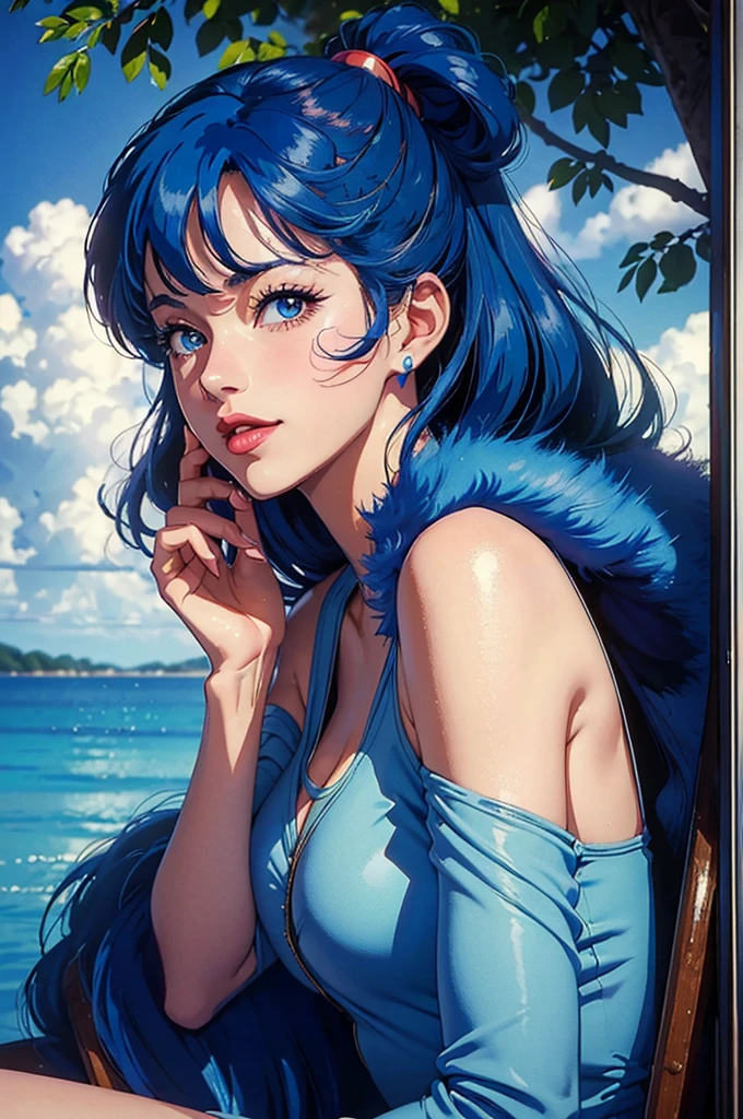 (((Masterpiece ,Best Quality, Highest quality realistic retro anime....))),(((como lynn minmay ))), blue dress, top wo nerae!, 1 girl, alone, ((hyper realistic long blue fur)), looking at the viewer, SMILE, Hits,highly detailed light blue eyes shirt, Closed mouth, blue fur, exterior, sky, day, cloud, tree, blue sky, lips, separate blows, eyelashes, make up, light SMILE, lipstick, portrait, close up, ((retro Best Quality, hyper realistic highest quality artEstiloo)), 1980s  ,fine blue hair with very real details))exterior, sky, day, cloud, tree, blue sky, lips, separate blows, eyelashes, make up, light SMILE, lipstick, portrait, close up, ((retro Best Quality, hyper realistic highest quality artEstiloo)), 1980s (realistic style)
