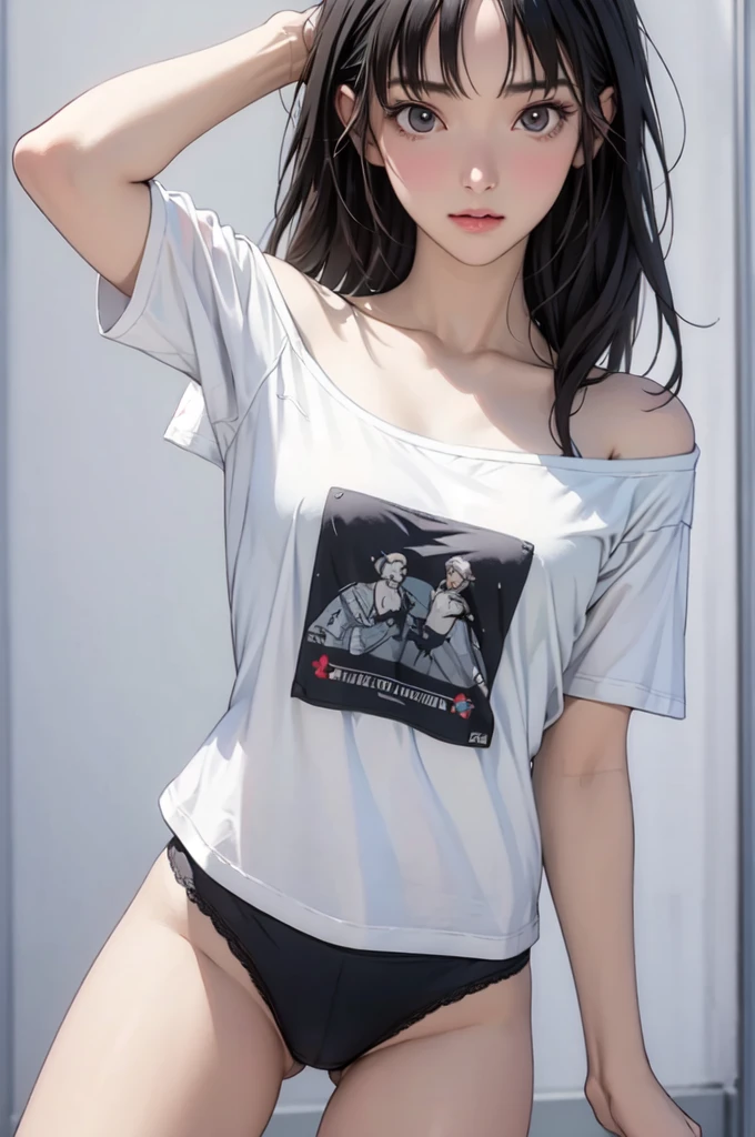 ((masterpiece, best quality)),((high resolution:1.3)), 1 Girl, solo, Cowboy Shot, Blurred Background, (((Small breasts))), Thighs, (Stripe underwear), ((T-Shirts)), Off shoulder,