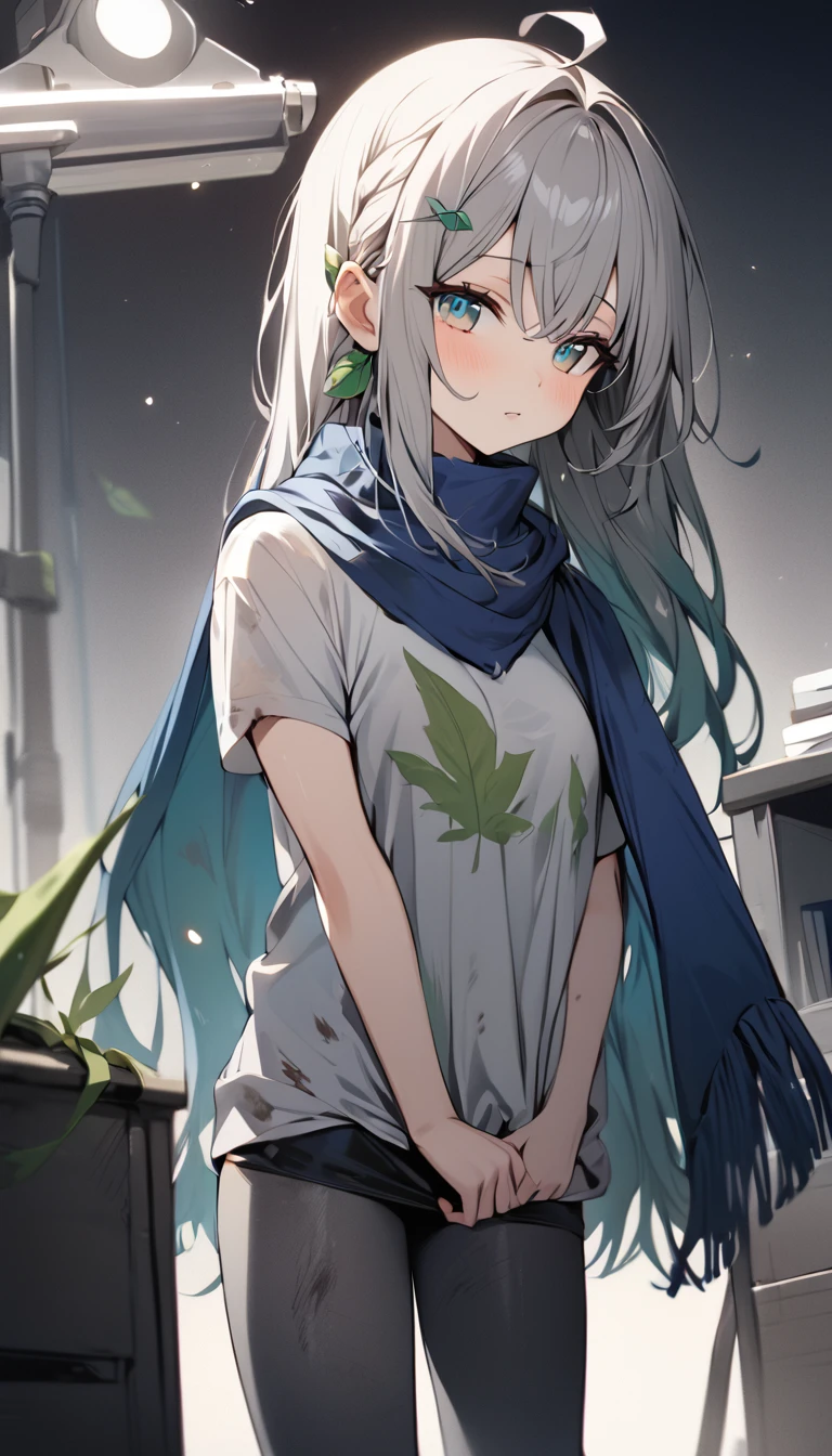 Resolution full, standing style, very accurate, best quality, masterpiece, full HD, very sharpener, best art, very accurate, 1girl, firefly, very cute girl, cute girl, beautiful and cute girl, slim body, medium breast, long hair, grey hair, Braid hair, Messy hair, ahoge hair, bangs hair, straight hair, gradient grey and blue hair, green leaf hair ornament, grey hair clip, beautiful bright aqua eyes, white T-shirt, dirty t-shirt, blue scarf, black short skirt, grey full stockings, white background, standing model