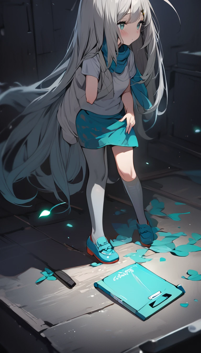 Resolution full, standing style, very accurate, best quality, masterpiece, full HD, very sharpener, best art, very accurate, 1girl, firefly, very cute girl, cute girl, beautiful and cute girl, slim body, medium breast, long hair, grey hair, Braid hair, Messy hair, ahoge hair, bangs hair, straight hair, gradient grey and blue hair, green leaf hair ornament, grey hair clip, beautiful bright aqua eyes, white T-shirt, dirty t-shirt, blue scarf, black short skirt, grey full stockings, white background, standing model