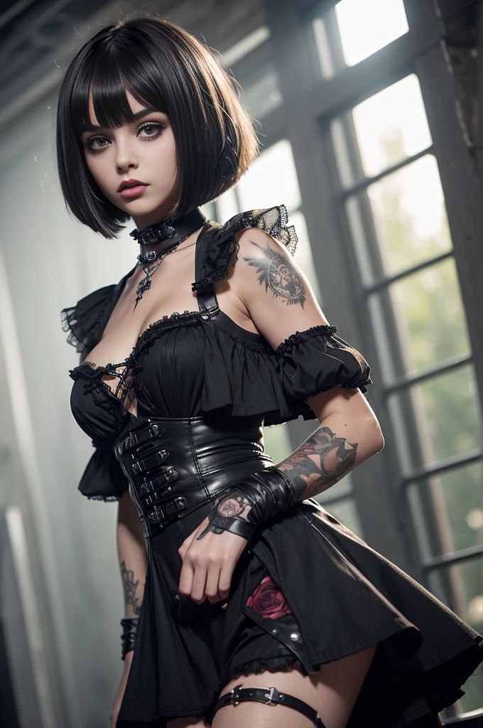 (((Top Quality: 1.4))),(Unparalleled Masterpiece), (Ultra High Definition),(Ultra-Realistic 8k CG),art by Luis Royo,
18-year-old, (Mary Maylin), gothic punk girl, detailed cute face, black hair, gothic punk fashion, highly detailed gothic fashion, short skirt, heavy make up, black and red hair, (Tattoos on the arms only).
(dark red lipstick), size.
London mansion background, Back light effect, lens flare, depth of fields, blurry background, Detailed face,1 girl, Cygnus, Detailed eyes,(bob cut hair:1.5), pigtails, mesh, hair bangs,