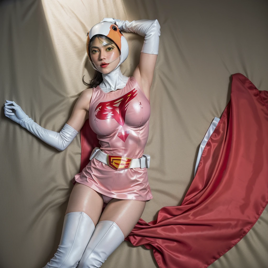 ANI_CLASSIC_jun_gatchaman_ownwaifu,1girl, ,good anatomy, masterpiece, best quality,realistic, hyperrealistic, 16k hdr, long hair,breasts,green eyes,lips,large breasts,lipstick,makeup,gloves,cape,helmet,belt,elbow gloves,white gloves,mask,ultra miniskirt,leotard,spacesuit,white tight overknee highheels boots,pink dress,superhero,bodysuit,cleavage,erected nipples,(lying flat poses, view from above),cameltoe