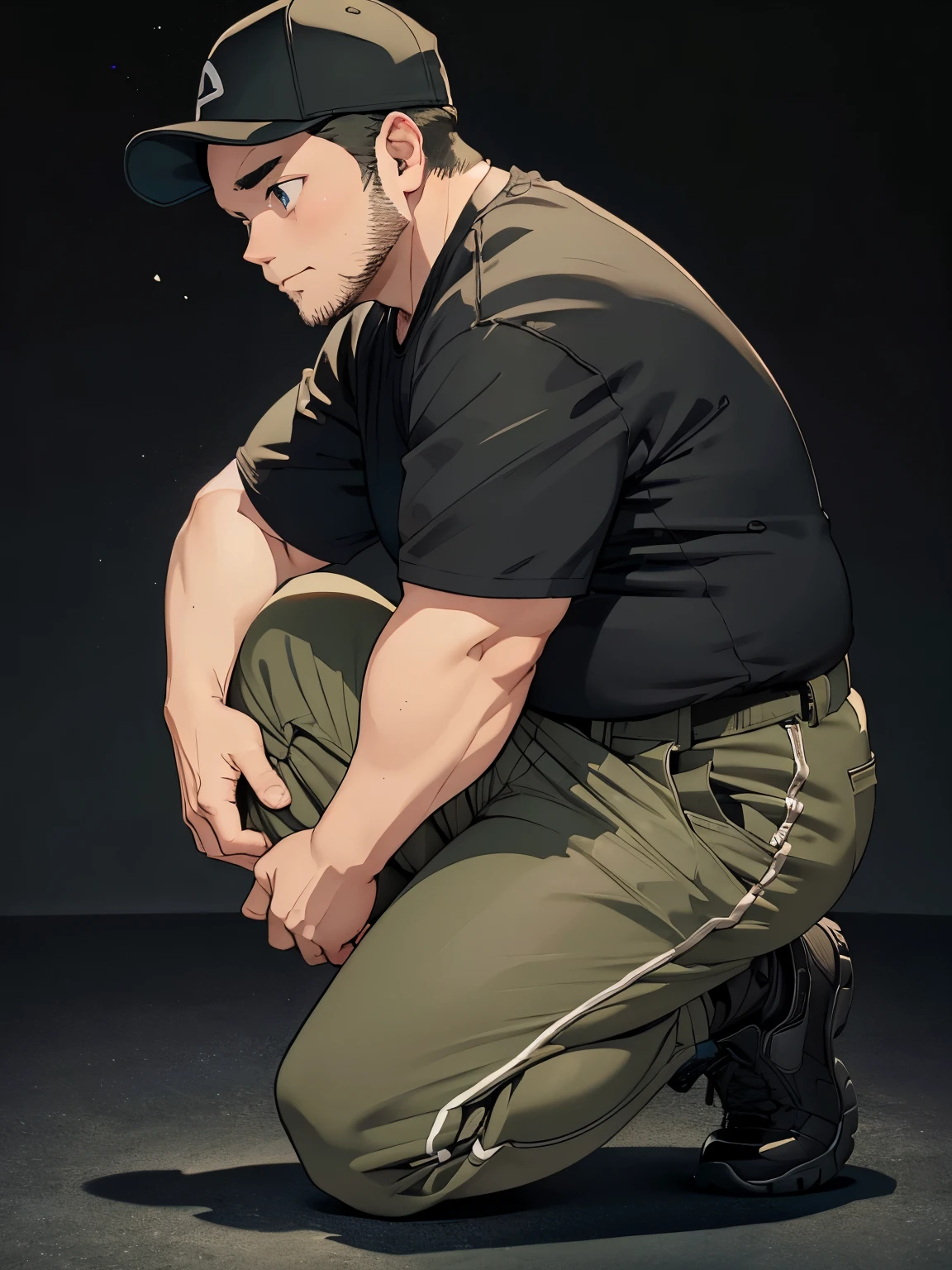 A chubby 35-year-old man kneeling、((Front angle))、Black Background、Black cap、Black T-shirt、Khaki half pants、whole body、