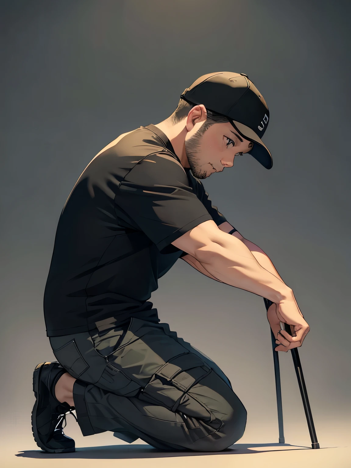 A chubby 35-year-old man kneeling、((Front angle))、Black Background、Black cap、Black T-shirt、Khaki half pants、whole body、