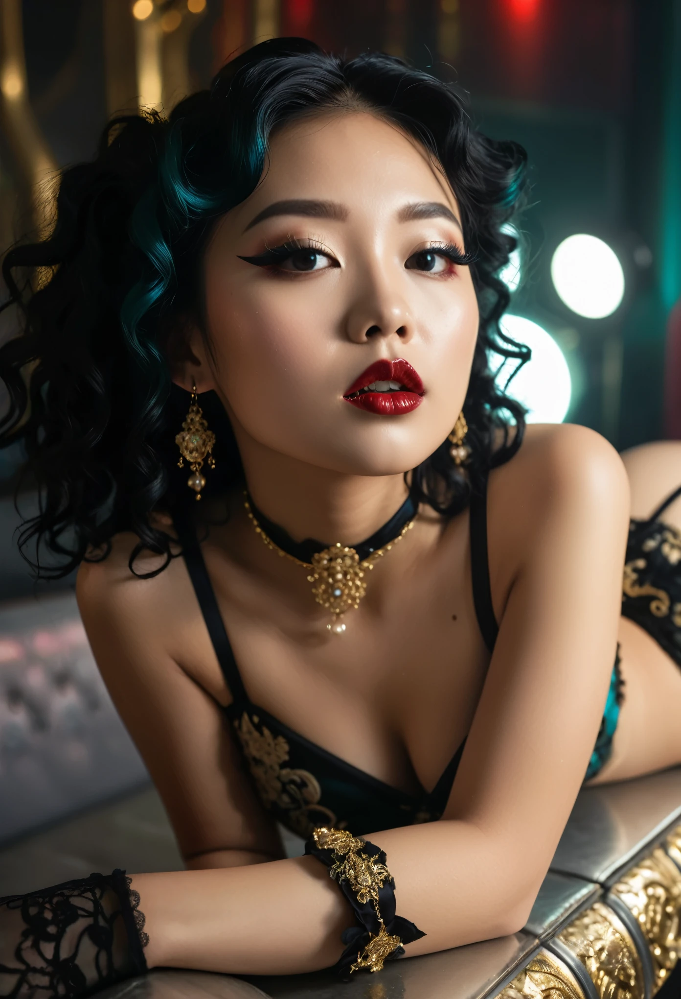 (1 girl 1.3) (extremely detailed 1.3) (anatomically correct, High precision, realistic skin) (RAW photo, nikon, 8k, Super detailed, advanced details, intricate details,), (Lighting: Face lighting, Ray tracing, reflective light, Structurally correct) ((Background: back room of a nightclub 1.3)) ((divine aura, goddess of fertility, sex, and eroticism) (Subject: beautiful half-asian, mixed asian-european, bronze skin, woman with hair in black curls and coils) (wearing: glamorous detailed embroidered goth ta rave, corset, teal and black, golden ancient jewellery on arms and neck wrists and fingers, wearing elegant gold and black high heel boot new rocks), ((beautiful big eyes looking up at the viewer, black shiny lipstick, perfect asian goth cyber makeup))