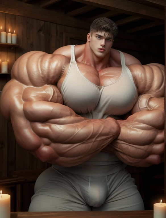 1boy, giant, alone, giant bodybuilder, wet, candle light, strong body, bulk, large size, stand, at large room with wooden wall, nude, white triangular underwear, massive bulge, bulge, extraordinary big, brutalmass, giant muscular body, bulk, buff, massive body, large meaty body size, extremely wide body,