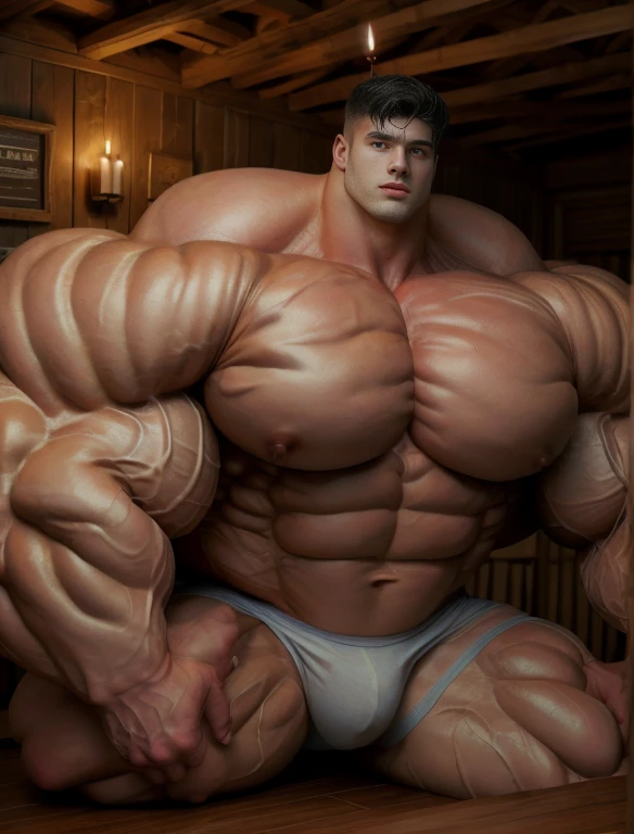 1boy, giant, alone, giant bodybuilder, wet, candle light, strong body, bulk, large size, stand, at large room with wooden wall, nude, white triangular underwear, massive bulge, bulge, extraordinary big, brutalmass, giant muscular body, bulk, buff, massive body, large meaty body size, extremely wide body,