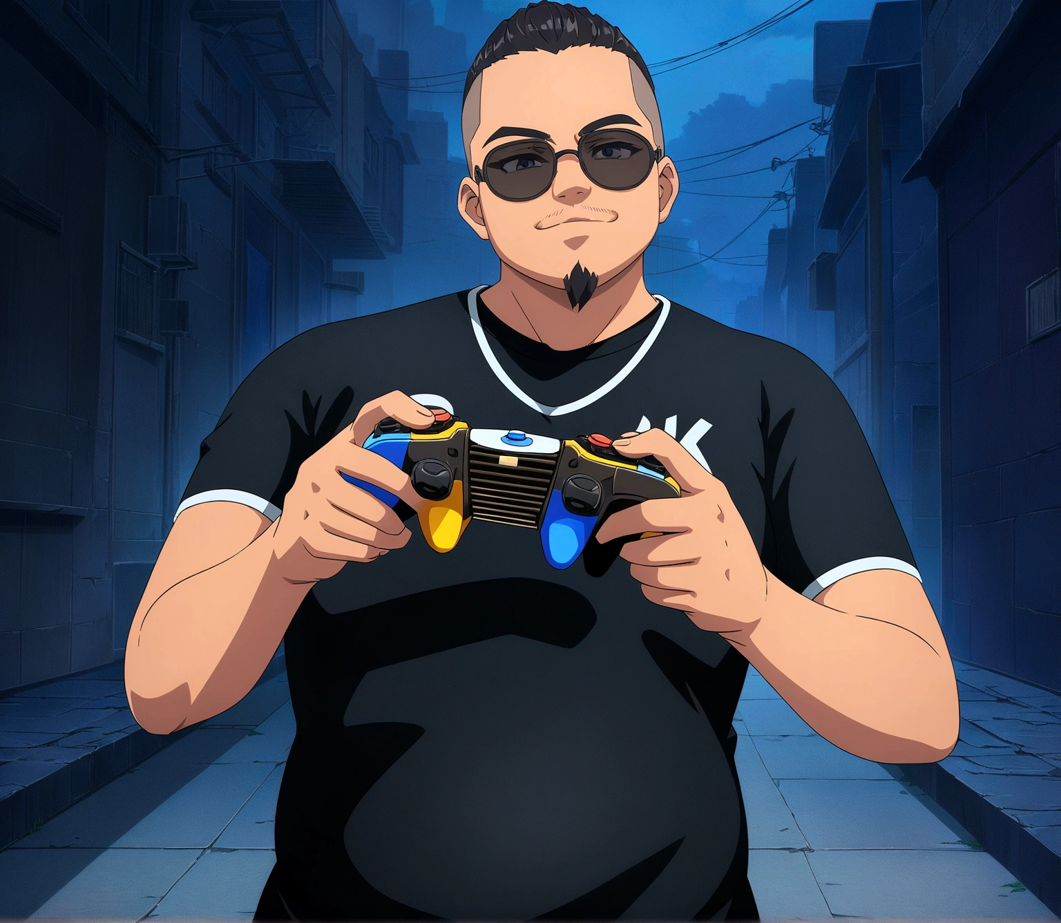 Dark-skinned man in black jacket and sunglasses standing on the street, undercut haircut, black hair, holding a controller, with black goatee, night, 8K anime badass, 4K anime wallpaper, 4K anime style, wallpaper 8K anime art wallpaper, 4K anime wallpaper, 4K anime wallpaper, 4K cartoon wallpaper, best 4K anime Konachan Wallpaper 4K Konachan Wallpaper, 4K Anime Art Wallpaper , 4K Anime Art Wallpaper