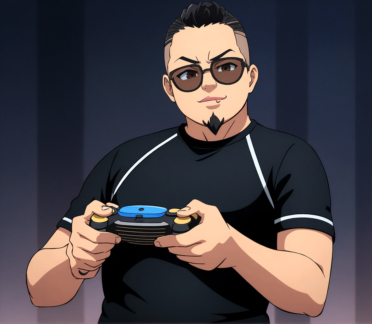 Dark-skinned man in black jacket and sunglasses standing on the street, undercut haircut, black hair, holding a controller, with black goatee, night, 8K anime badass, 4K anime wallpaper, 4K anime style, wallpaper 8K anime art wallpaper, 4K anime wallpaper, 4K anime wallpaper, 4K cartoon wallpaper, best 4K anime Konachan Wallpaper 4K Konachan Wallpaper, 4K Anime Art Wallpaper , 4K Anime Art Wallpaper