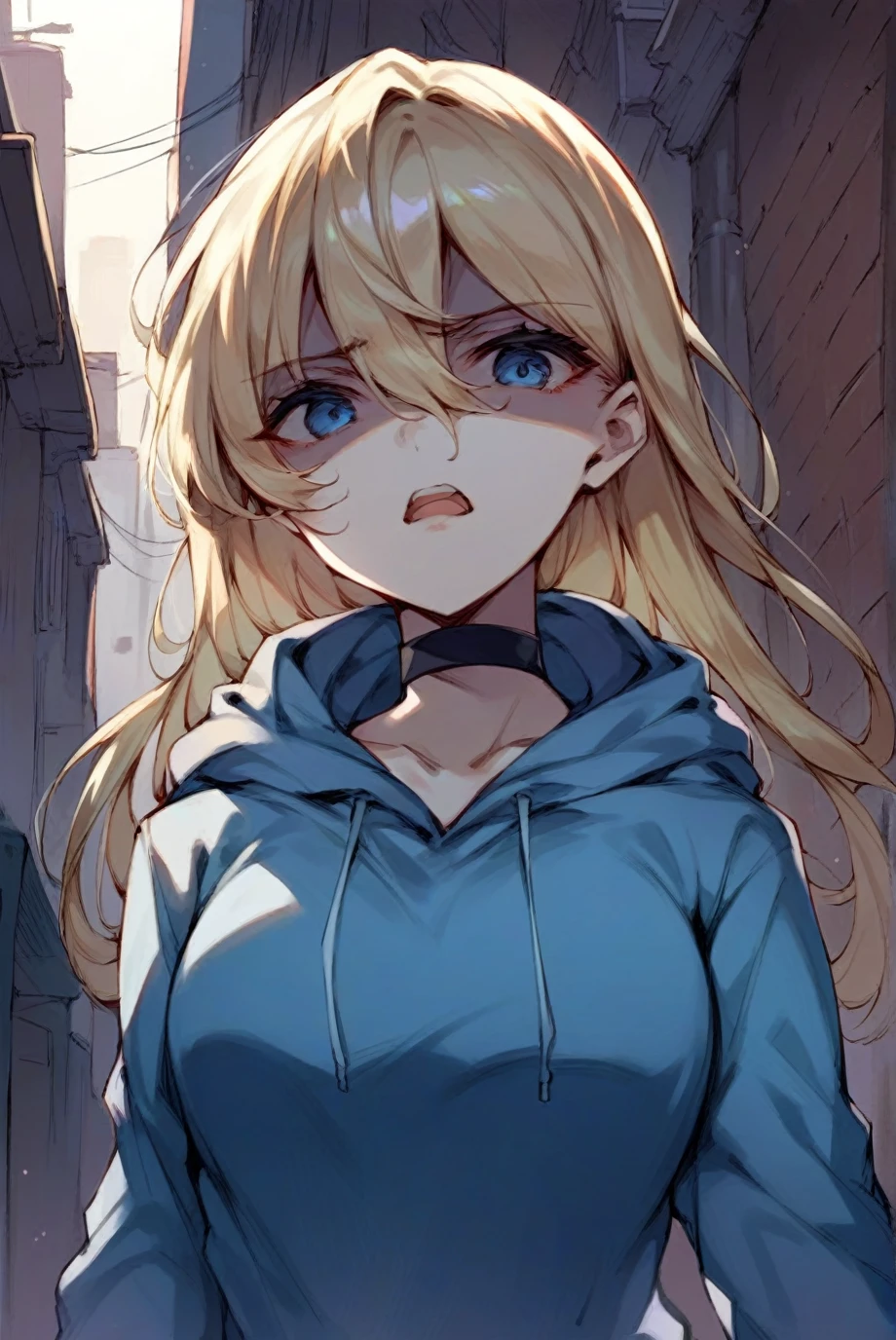 score_9, score_8_up, score_7_up, source_anime, Beautiful Lighting, 1girl, dynamic angle, dynamic pose,
blue eyes, blonde hair, long hair, hair intakes, hair between eyes, outdoors, black choker, medium breasts, alley,
disgusted face, hoodie, face, shaded face, open mouth,