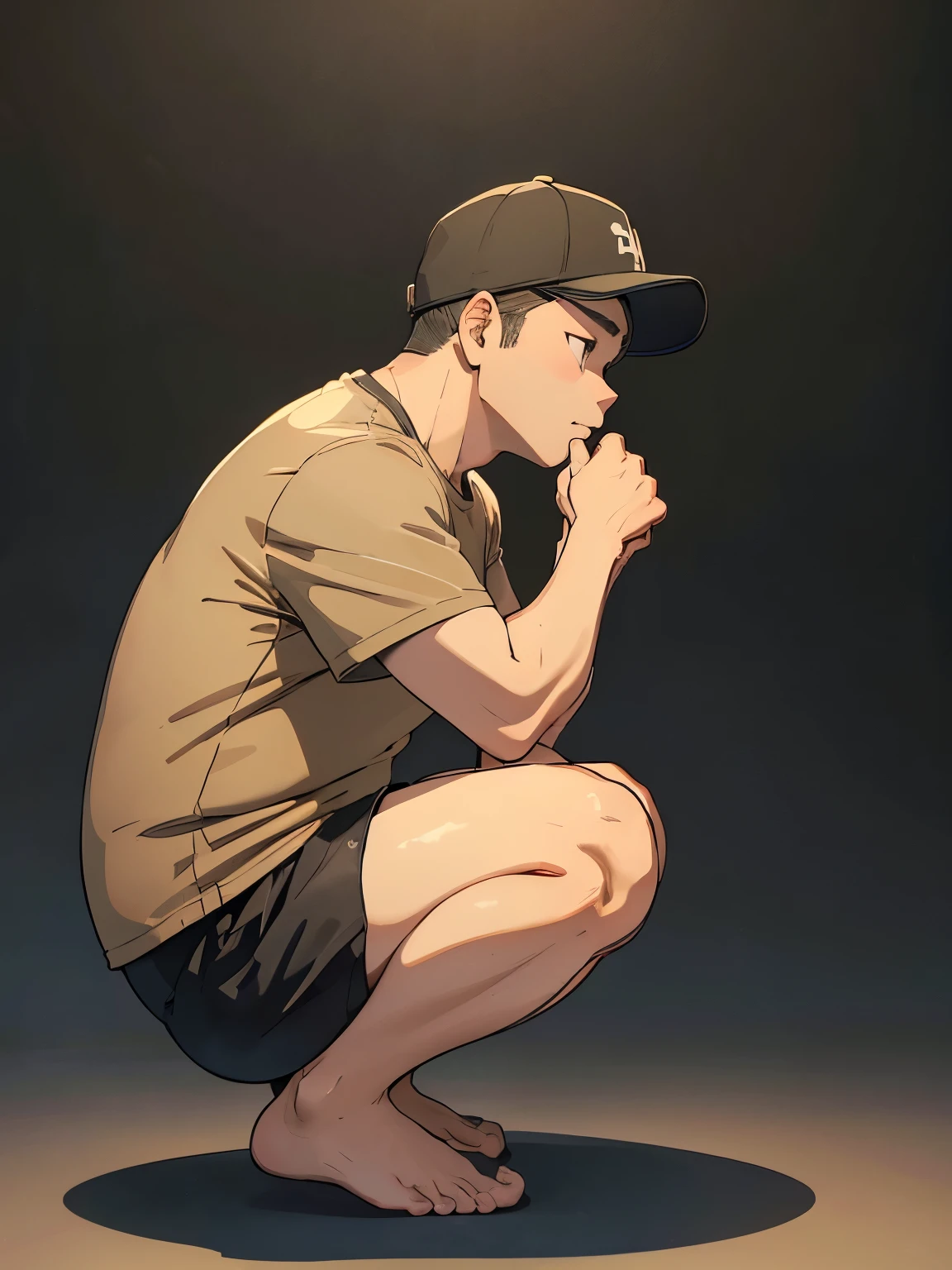 A chubby 35-year-old man kneeling、((Front angle))、Black Background、Black cap、Black T-shirt、((Beige shorts))、whole body、