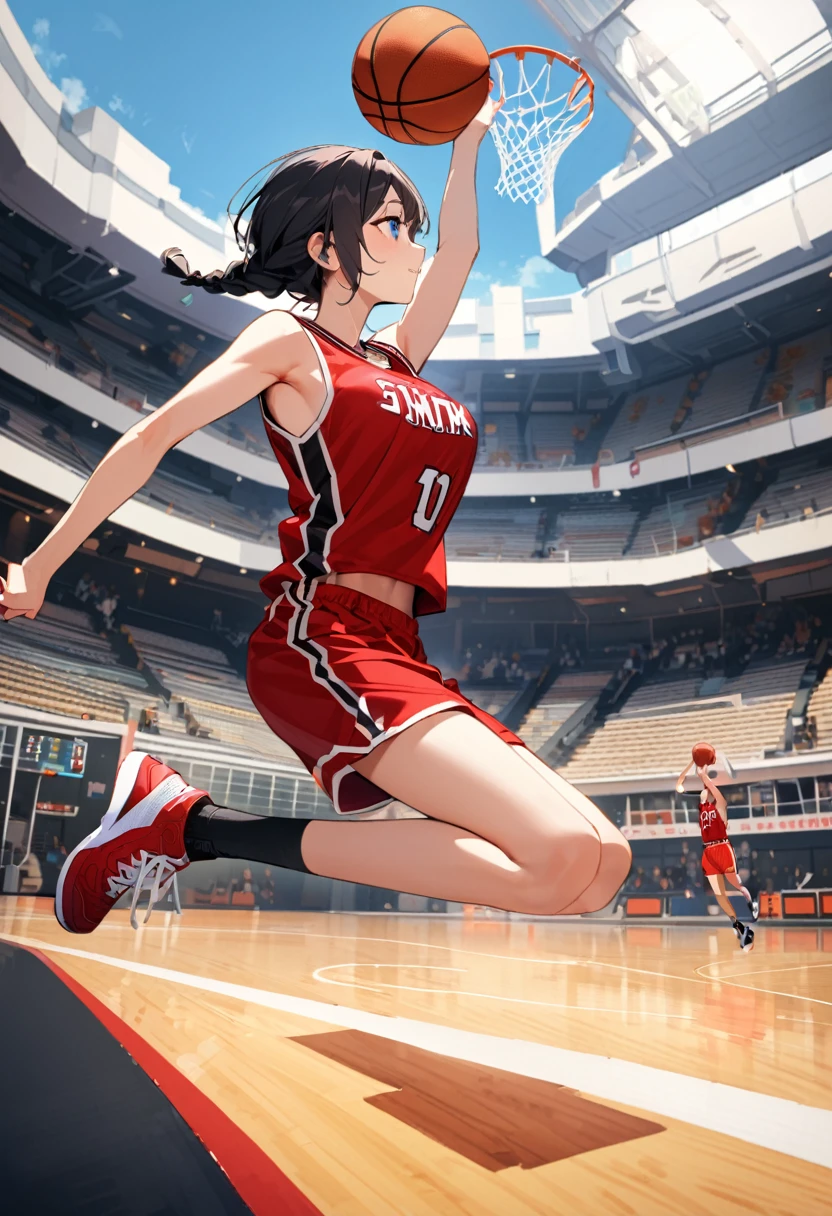 Highest quality、High resolution、Detailed Background、Beautiful Face、High detail、(Perfect Anatomy, Perfect Style)、(Detailed facial expressions)、(fine grain:1.2)、age Beauty、(very wide shot:1.5, full body:1.4), One Girl、, Cute black hair、Braided Bob, Braided, clear, deep blue eyes、Braided Ponytail, Braided bob cut, Basketball game in the gym, jumping:1.5, dunking:1.5, brake, Incredible jumping ability:1.5, Suspended in the air in a shooting position:1.5, Incredible jumping power and long flight times, ((aerial view:1.5, shoot from side, looking up)), (Bright red basketball uniform:1.5, White Line、Same color above and below, No sleeve:1.5, Shorts, High-cut basketball shoes)、(armpit:1.2), ((large breasts:1.2, pointy breasts:1.2, high breasts:1.2)), Throw a basketball held above your head into the top of the goal, Dunk Shot、The goal ring is 3m above the ground.