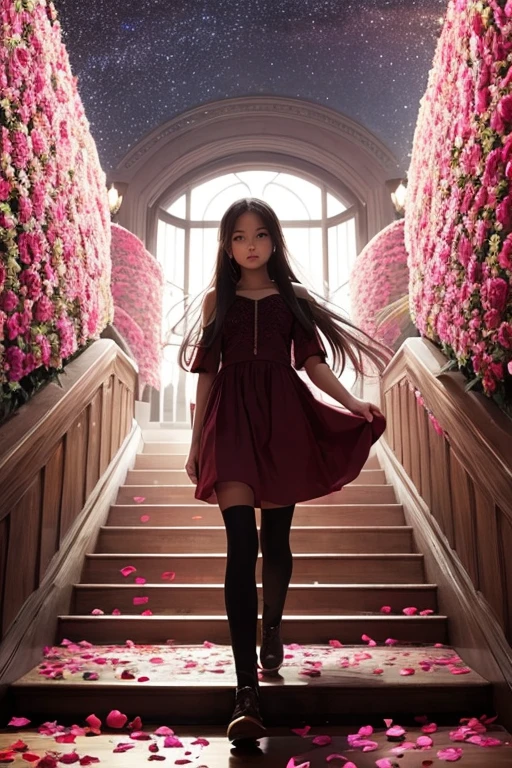 (Artwork, best quality: 1.2), 1 girl, Alone，front view，walking down a long staircase, covered in rose petals，walkwoman, towards a starry sky.