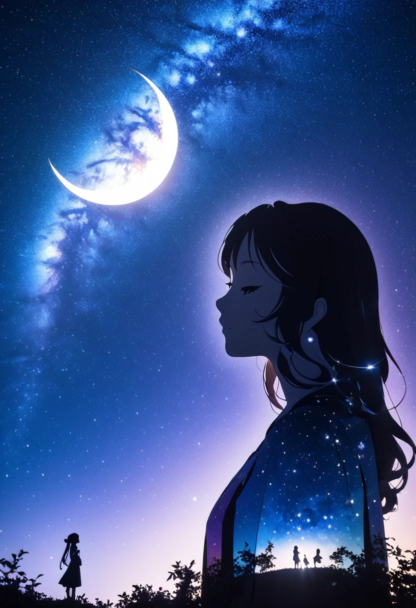  mate piece, silhouette, Milky Way, Orihime's, close-up, profile, monotony, moon, double exposure, Milky Way, Tanabata decoration, depth of field, (holographic glow effect), from below, low angle shot, masterpiece,