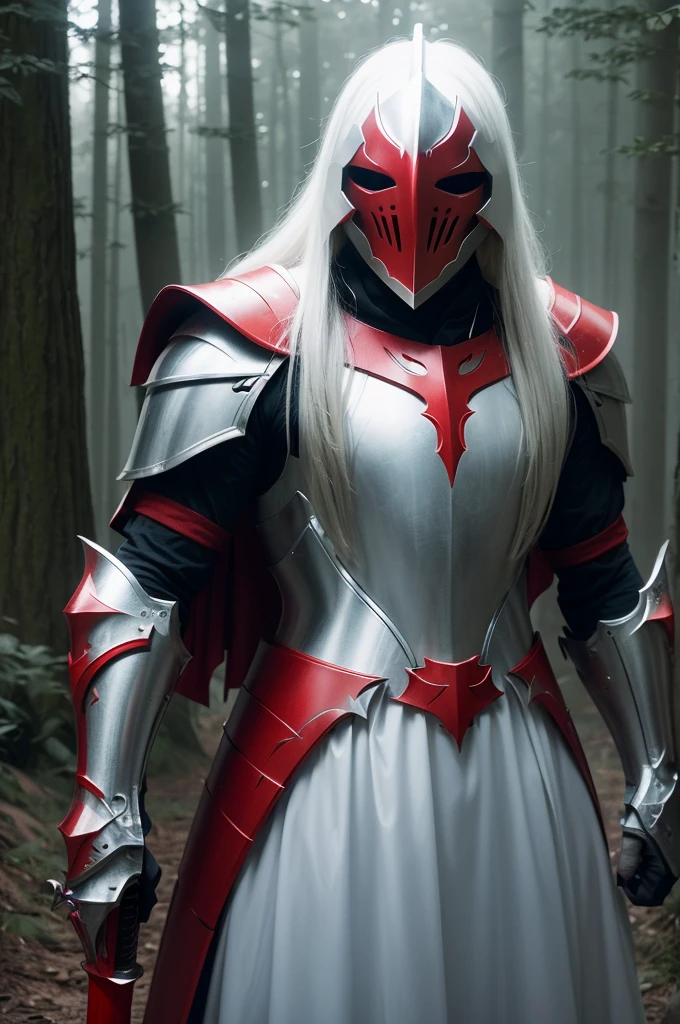 An albino knight with long hair, Wearing a red hood, dressed in heavy armor, and wielding a long sword. (best qualityer, ultra detali, realisitic:1.37), with vivid colors, and sharp focus. The knight is in a misty forest, with sunlight filtered through the trees, creating a dramatic lighting effect. The knight's armor is exquisitely designed with engravings and polished to a high shine, emphasizing the level of detail. The forest is rich in various shades of green, with vibrant flowers scattered across the ground. The knight's red hood contrasts beautifully with the natural surroundings, adding a touch of mystery and intrigue.