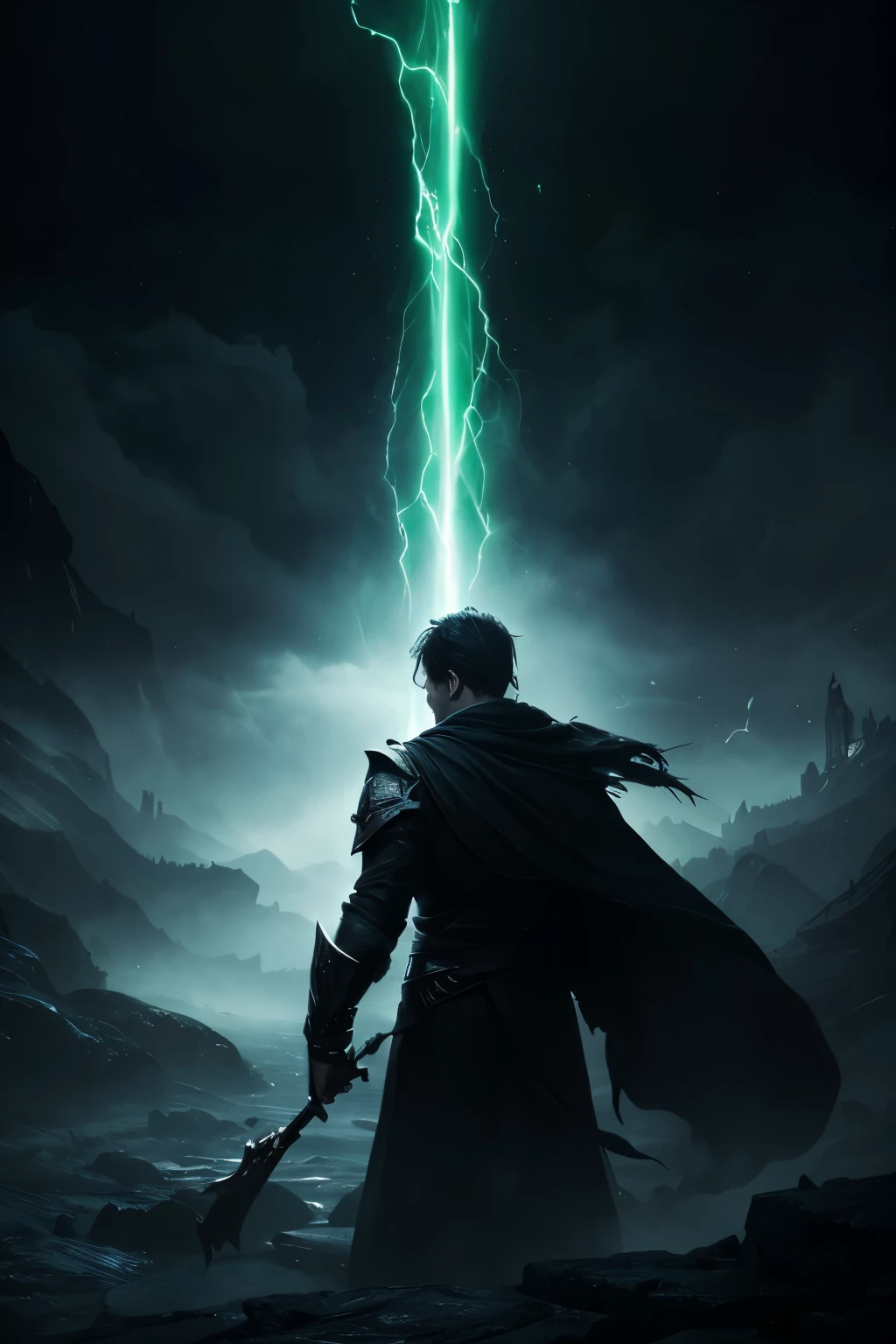a sorcerer from behind, dark background, tones of green light, a monster in the background, (best quality,4k,8k,highres,masterpiece:1.2),ultra-detailed,(realistic,photorealistic,photo-realistic:1.37),intricate details,chiaroscuro lighting,fantasy,dramatic lighting,moody atmosphere,dramatic pose,powerful magic,mystical elements,ominous presence,cinematic composition