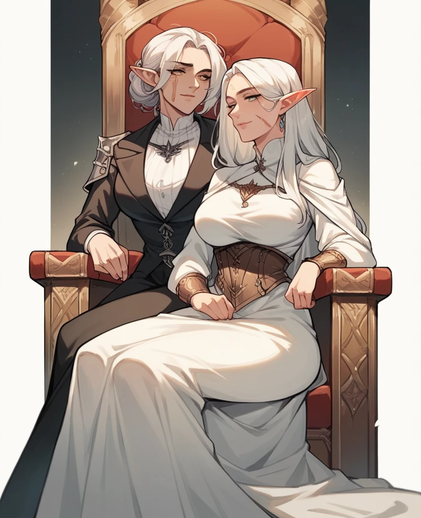 {{upper body}} {{Artist: ratatatat74}} {{NSFW}} 1 girl, mature woman, throne, sitting, suit, elf, white hair, femdom, scar on face, seductive smile, white dress, chastity cage, futanari, medieval fantasy.