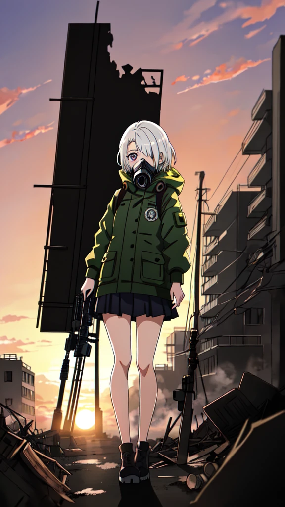 
a 20 year old girl, from the anime jujutsu kaisen, full body, from head to toe, short white hair, one eye blue and the other brown, with a detailed gas mask on her face, beautiful, full body, with a sniper, with a destroyed city in the background at sunset, high quality, hyper detailed 4k