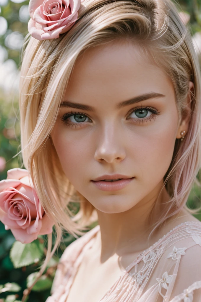 8k, photo and gross, fujifilm, Style photography of a beautiful young girl like Avril in a light pink rose garden. (very detailed skin: 1.2) Style-Petal BREAK short hair, blonde hair with colored highlights, wearing a dress, film grain, 35mm, beautiful style