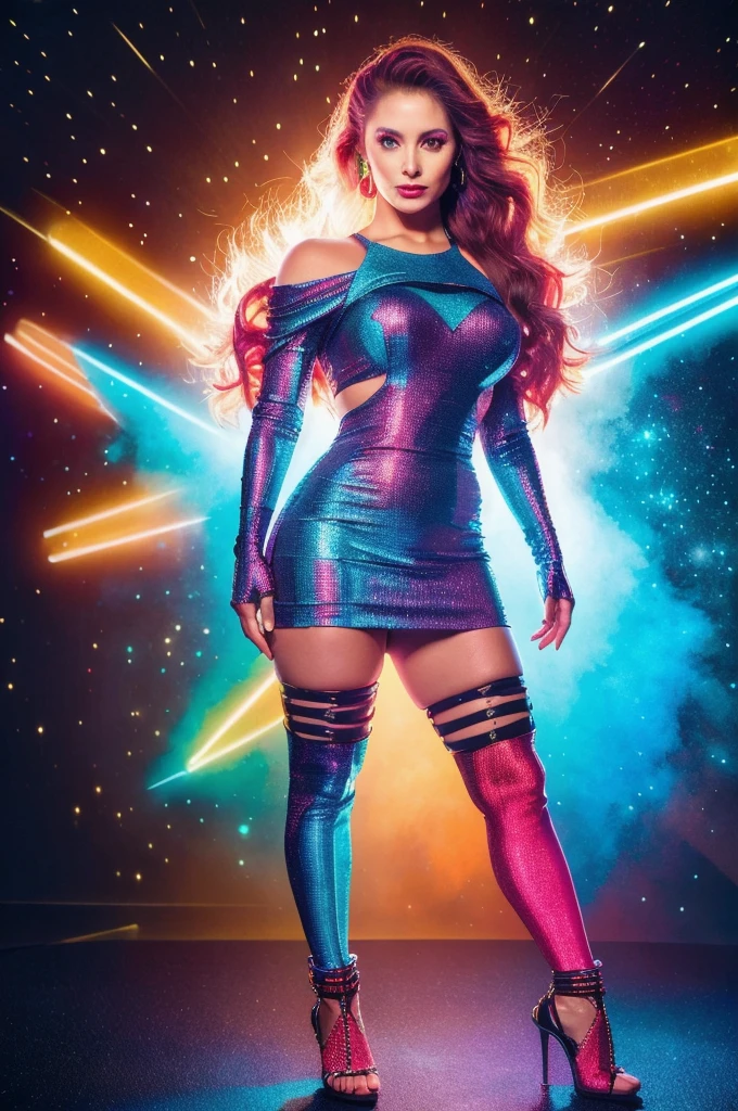 Watercolor style painting of dominant, confident, seductive, intimidating, disdain, provocative, (neon_glowing_legwear:1.3), (chiaroscuro:1.3), (dynamic angle:1.3),(dynamic scene:1.3),(action packed:1.3), solo, (particles_and_sparks_in_air:1.3), <lora:DDR_Fashion:0.1>, AnalogRedmAF <lora:AnalogRedmondV2-Analog-AnalogRedmAF:0.1> Long Hair, Hair Accessory, Multicolored Hair, Flower, Hair Flower, Braid, high contrast, backlighting, bloom, light sparkles, chromatic aberration, sharp focus, RAW color phot A Photograph of a adult Asian woman in a realistic professional photoshoot full body, high heels, solo, beautiful eyes, ankle bow, <lora:add-detail-xl:1> <lora:DetailedEyes_V3:1>, perfect eyes <lora:perfect-eyes:0.3>, (closed mouth:1.3), visible paper texture, colorwash, watercolor art