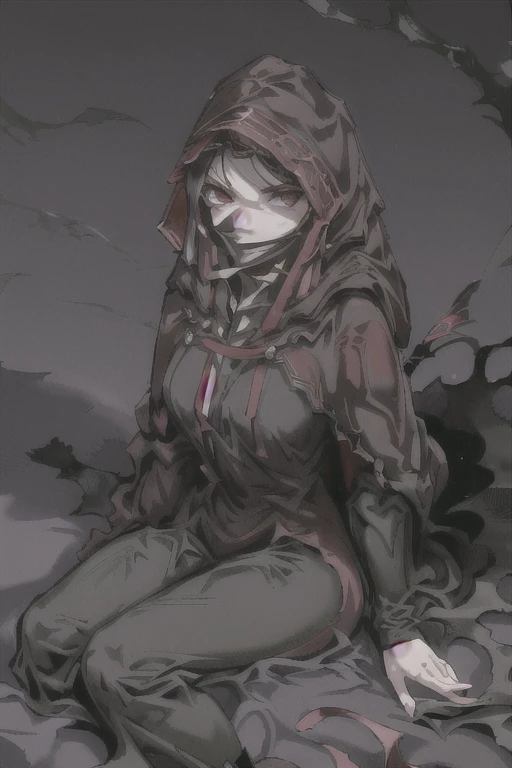 No name assassin, 1girl, solo, red eyes, cloak, robe, long skirt, mask, hood, best quality, masterpiece, cape, black cape, two-sided cape, bedroom, room, sitting