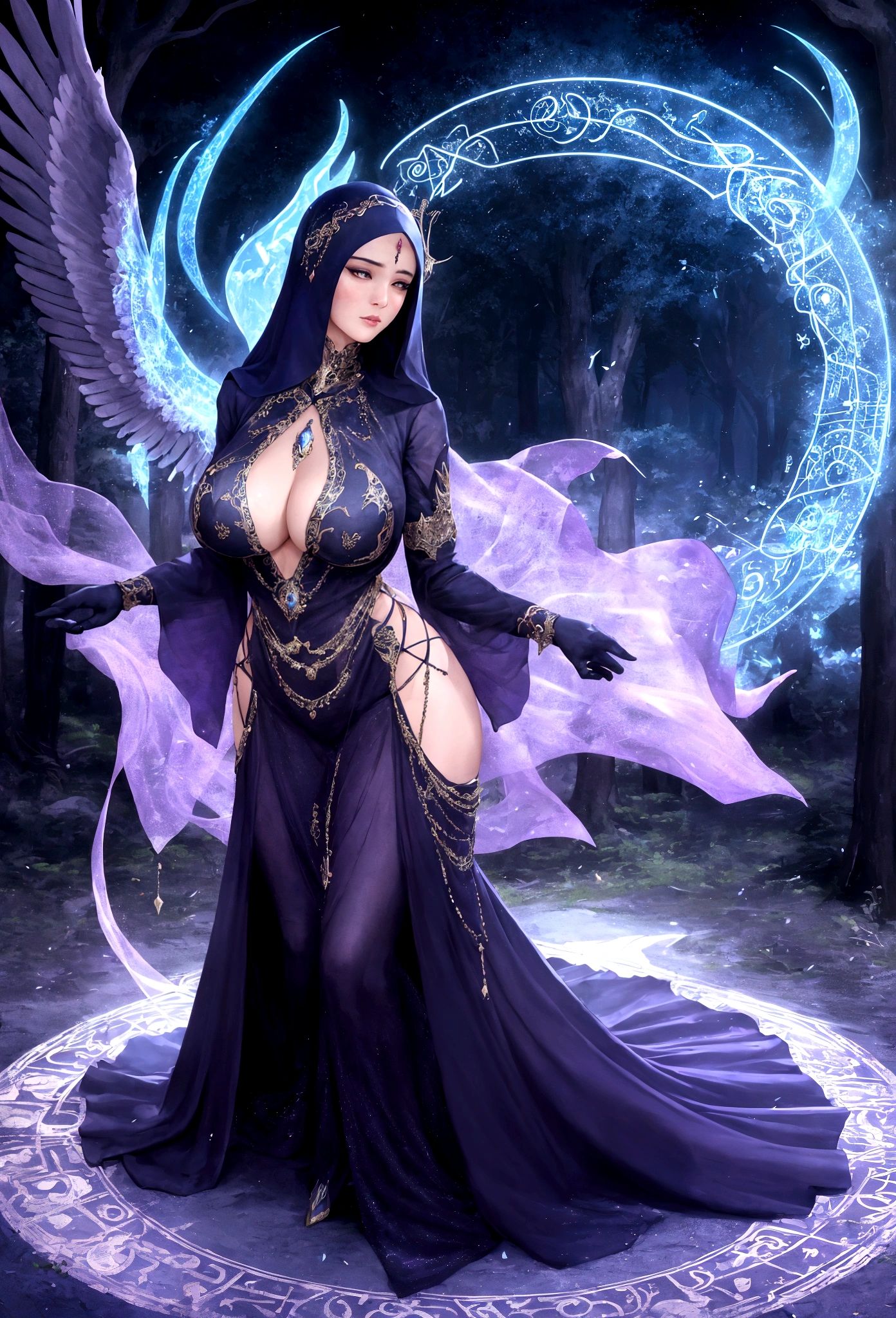 (best quality,4k,highres,masterpiece:1.2),ultra-detailed,(realistic:1.37)
A mature curvaceous Malaysian woman with her age at 40, dressed in a hijab that covers all of her hair, is standing in the center of a mystical scene. She is wearing a beautiful silk magic gown that shimmers with an otherworldly glow. The gown flows gracefully around her figure, accentuating her curves and adding an air of elegance to her presence.
The woman is a witch, strong and knowledgeable in the mystic arts. She stands confidently with her hands raised, as if channeling her magical powers. Around her, a magic circle adorns the ground with intricate symbols and glowing sigils. The circle is made from a combination of runes and arcana, pulsating with energy in vibrant colors of blues and purples.
As the woman continues her summoning, a mythical monster starts to materialize from within the magic circle. The creature is a magnificent being, towering with a majestic presence. Its body is covered in shimmering scales, reflecting the light around it in a mesmerizing display. The creature's form is a combination of various animals, with wings of an eagle, the tail of a serpent, and the head of a lion.
The scene is bathed in an ethereal light, reminiscent of moonlight casting an enchanting glow. The soft illumination illuminates the woman's face, revealing a calm and focused expression. Her eyes emit a glimmer of magic, while her lips are curved in determination.
The background is an enchanted forest, with towering trees reaching towards the sky. The forest is filled with vibrant foliage, casting shadows and adding layers of depth to the overall composition. The air is filled with an aura of mystery and anticipation, as if the entire world holds its breath in awe of the imminent manifestation.
The color palette of the scene is rich and vivid, with deep shades of blues and purples dominating the overall tone. The contrasting warm hues of the woman's gown provide a beautiful balance and creat