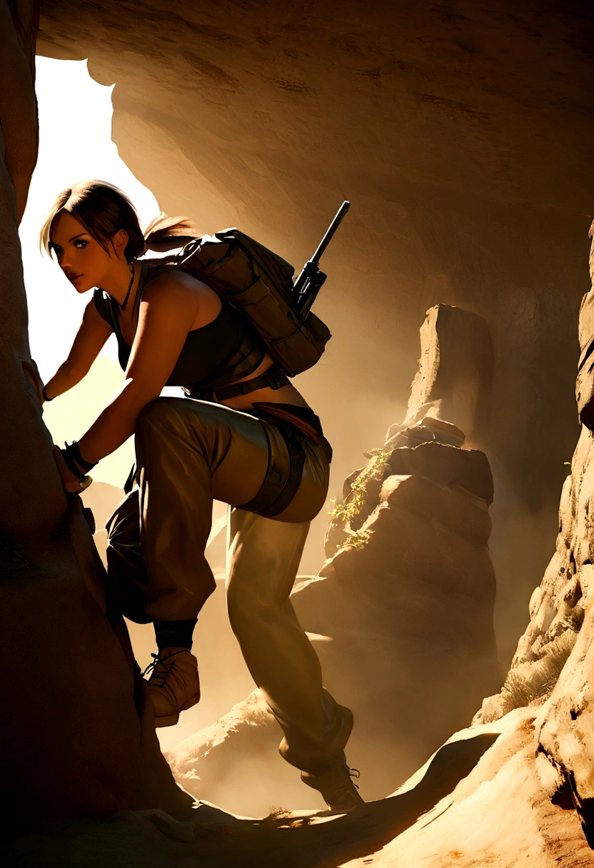 a detailed illustration by Lara Croft, in a 3D rendered style,stark,dynamic and confident pose,with their unique dual pistols,exploring ancient ruins,exotic landscapes and mystical artifacts,adventure,fierce determination,extraordinary stunts,with realisitic lighting and shadows,portraits,High contrast colors and dramatic lighting,sharp focus,physically based rendering,ultra detali,proffesional,HDR color grading,evocative atmosphere,full of action,realisitic,Tomb Raider,exploration,Segredos,treasure hunt,arcology,Jungle survival,climbing cliffs,swinging on ropes,underground chambers,dynamic camera angles,immerse,cinematic,exciting moments,gritty and realisitic textures,mysterious and ancient temples,Stealth movement,bright coloured,bokeh.