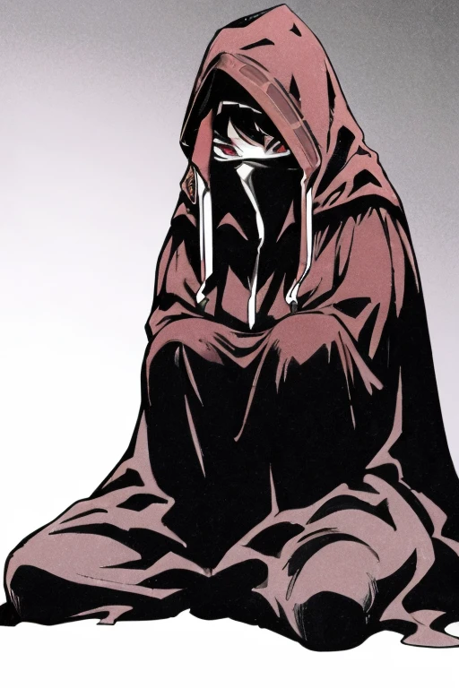 No name assassin, 1girl, solo, red eyes, cloak, robe, long skirt, mask, hood, best quality, masterpiece, cape, black cape, two-sided cape, bedroom, room, sitting 